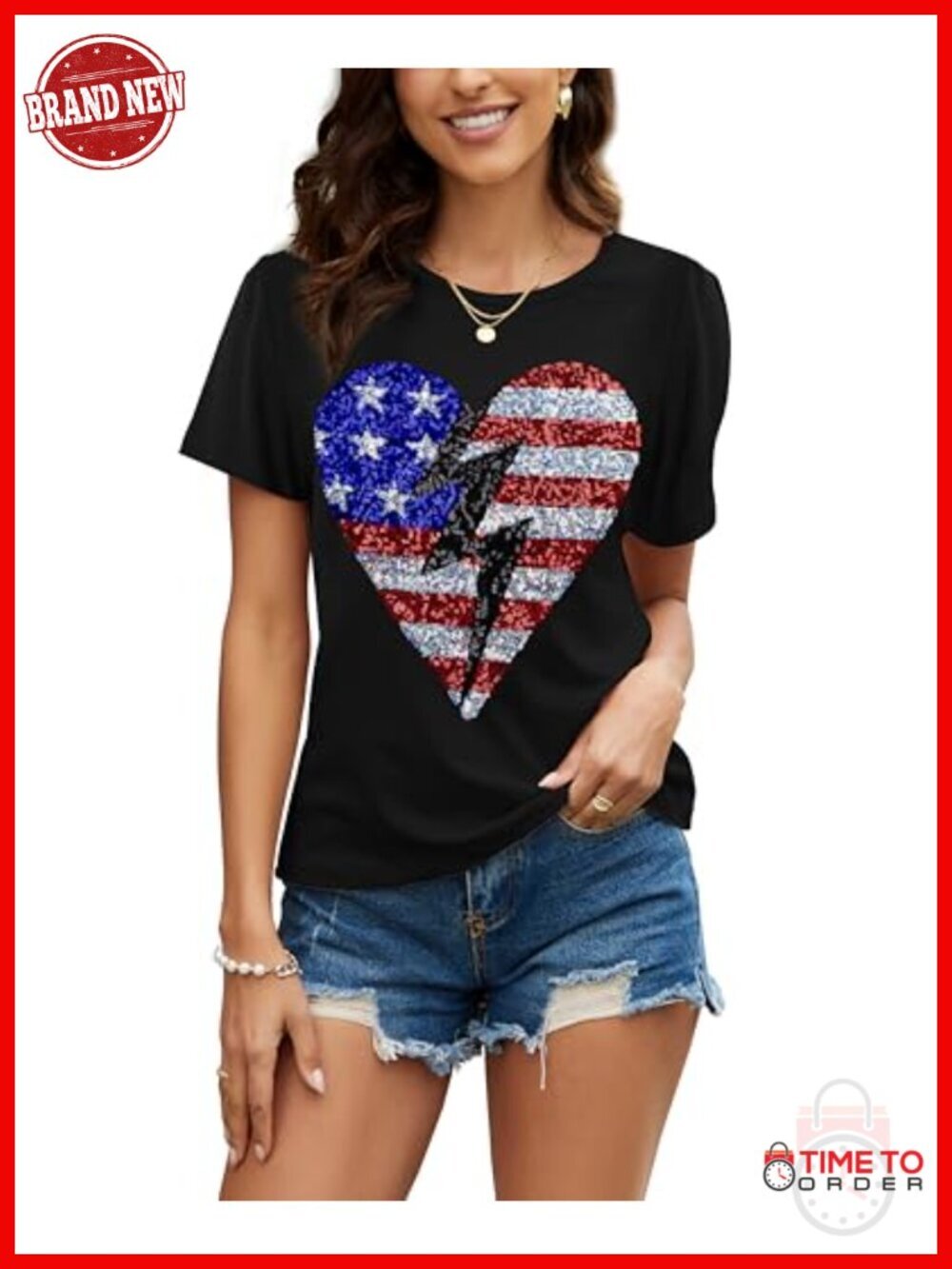 Sequined T-Shirt with Patriotic Flag Print O-Neck Short Sleeve Blouse